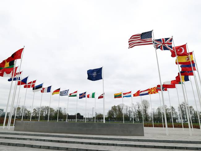 BRUSSELS, BELGIUM - APRIL 6: The flags of member countries of North Atlantic Treaty Organization (NATO) are seen ahead of NATO Foreign Ministers meeting at NATO Headquarters in Brussels, Belgium on April 6, 2022. (Photo by Dursun Aydemir/Anadolu Agency via Getty Images)